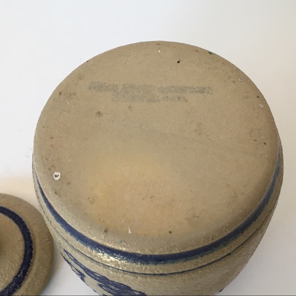 Salt Glazed Jam Jar Cobalt Blue stripes Beige Lid pottery Spoon Grapes vintage - Picture 11 of 15